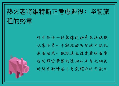 热火老将维特斯正考虑退役：坚韧旅程的终章