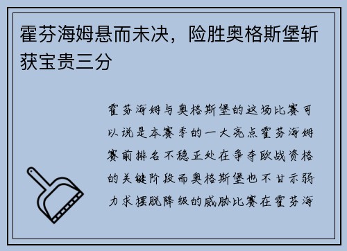 霍芬海姆悬而未决，险胜奥格斯堡斩获宝贵三分